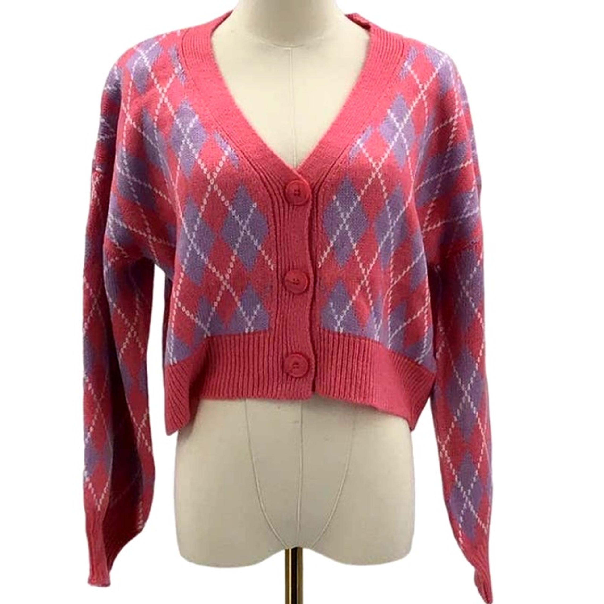 VERY J SZ S pink Argyle Cropped Cable Knit Long Sleeve Cardigan Sweater NWT 0B11