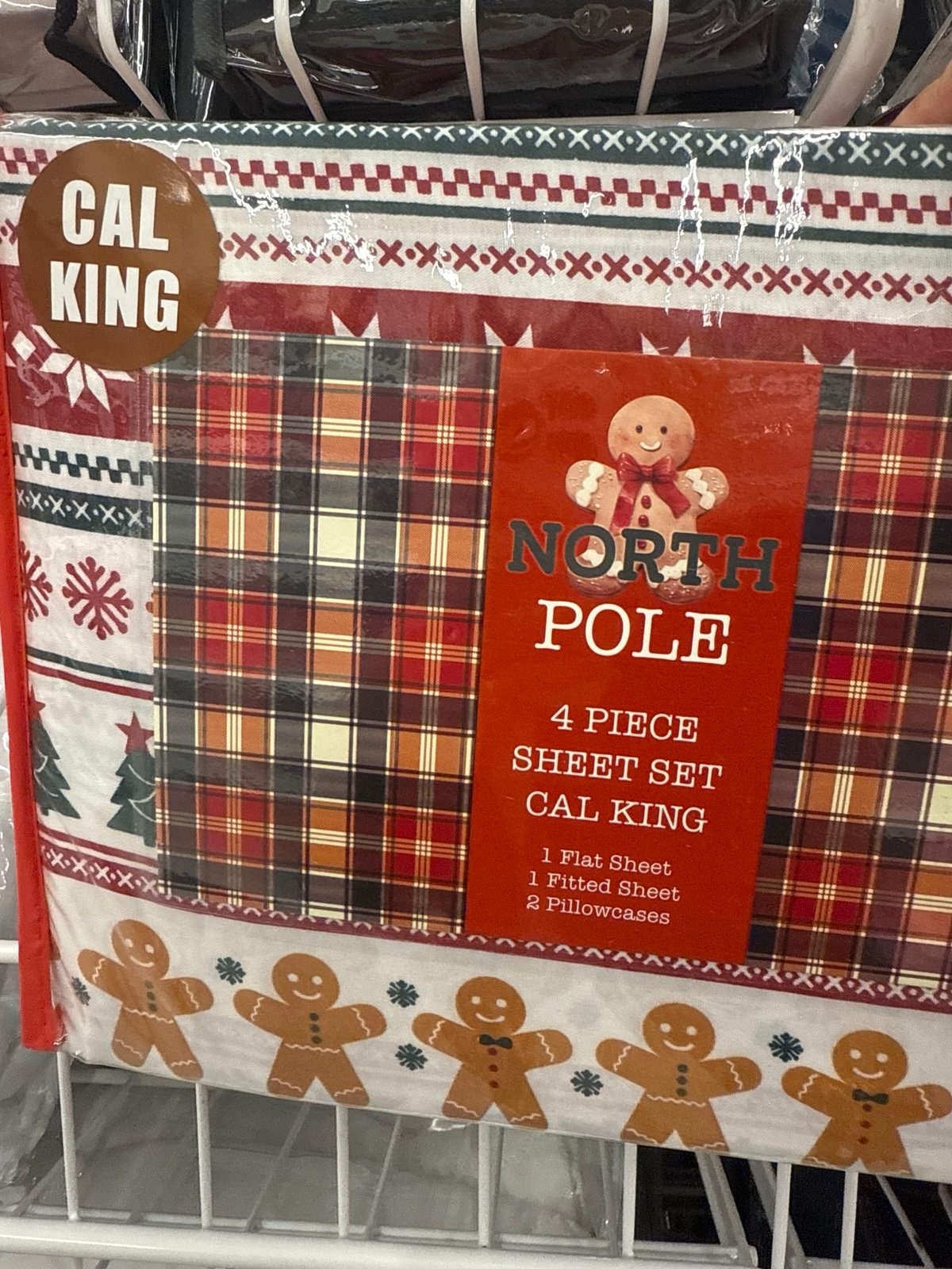 North Pole 4 Piece CAL KING Christmas Gingerbread Plaid Sheet Set