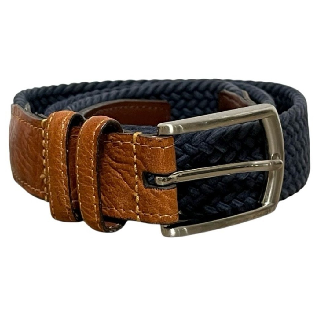 Torino Navy Blue Woven Stretch Belt Men 40 Brown Leather Trim Made in USA 69500