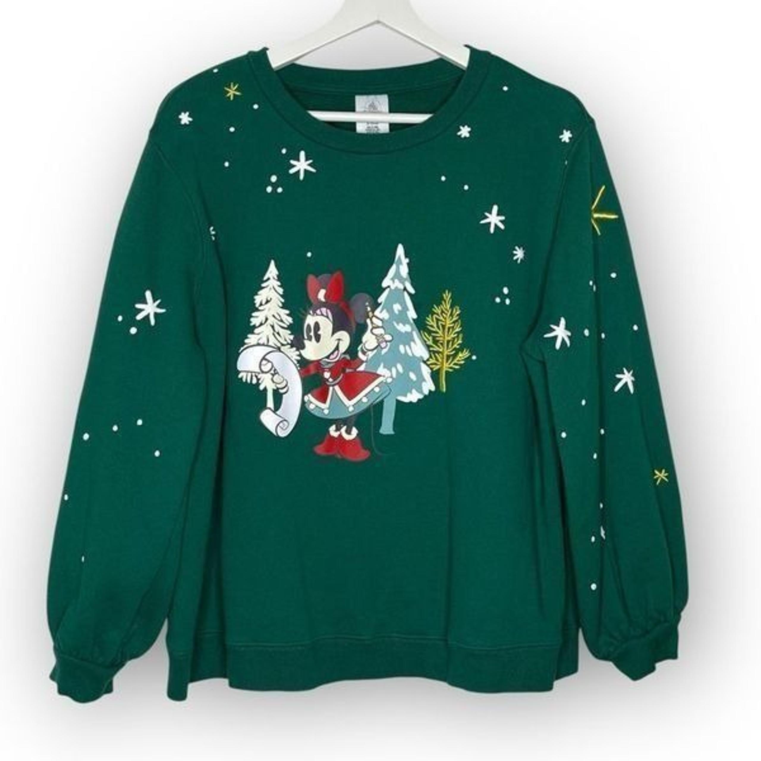 Disney Minnie Mouse Holiday Sweatshirt Green Pullover Puff Sleeves Women’s Sz 1X