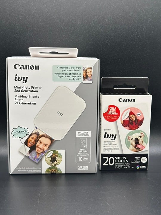 Canon Ivy 2 Printer with 10 pack rectangular stickers and 10 pack round stickers