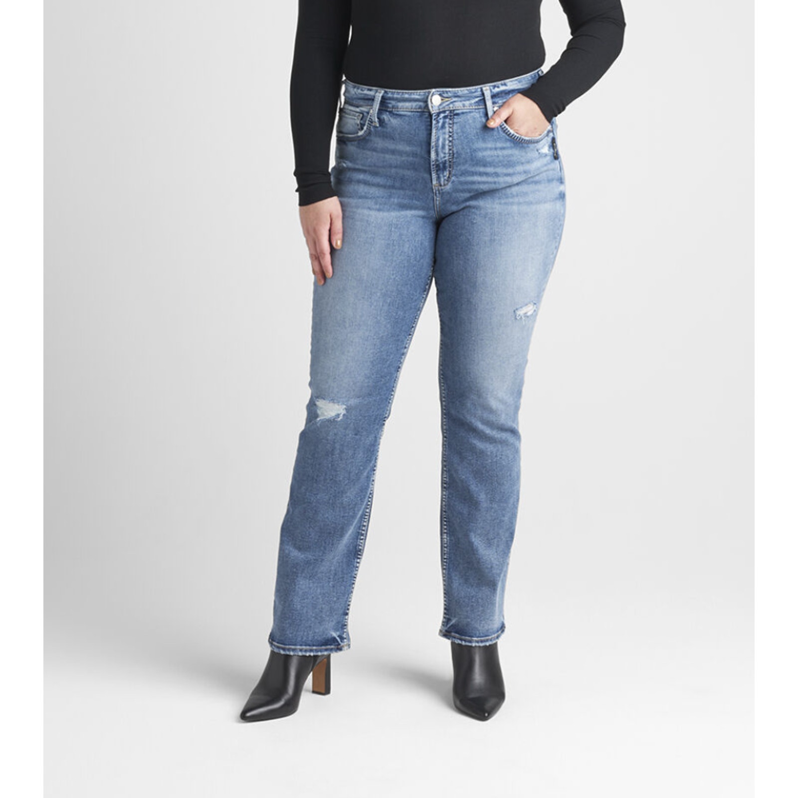 Silver Jeans Avery Curvy Boot High Rise Ripped distressed jeans denim 33 inseam