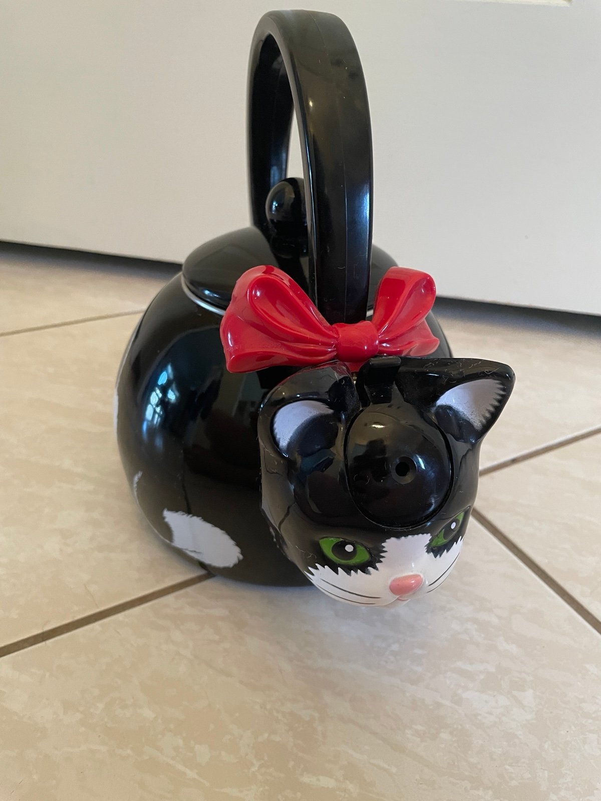 Vintage 1995 Via Ancona Metal Whistling Cat Teapot With Bell Collar and Red Bow