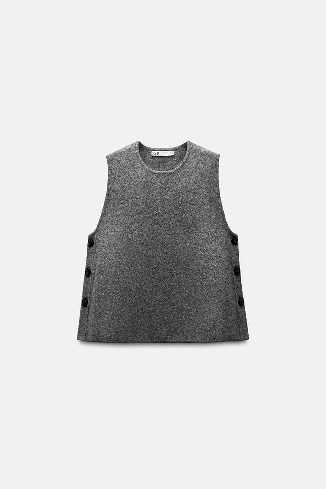 NWT Zara Wool Blend Gray Vest Top with Side Buttons - Small