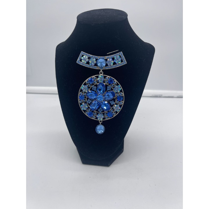 Large Ornate Blue Dangle Statement Brooch Pin