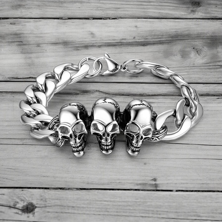 Polished Biker Stainless Steel Bracelet Skull Curb Link Chain Cuff for Men 9