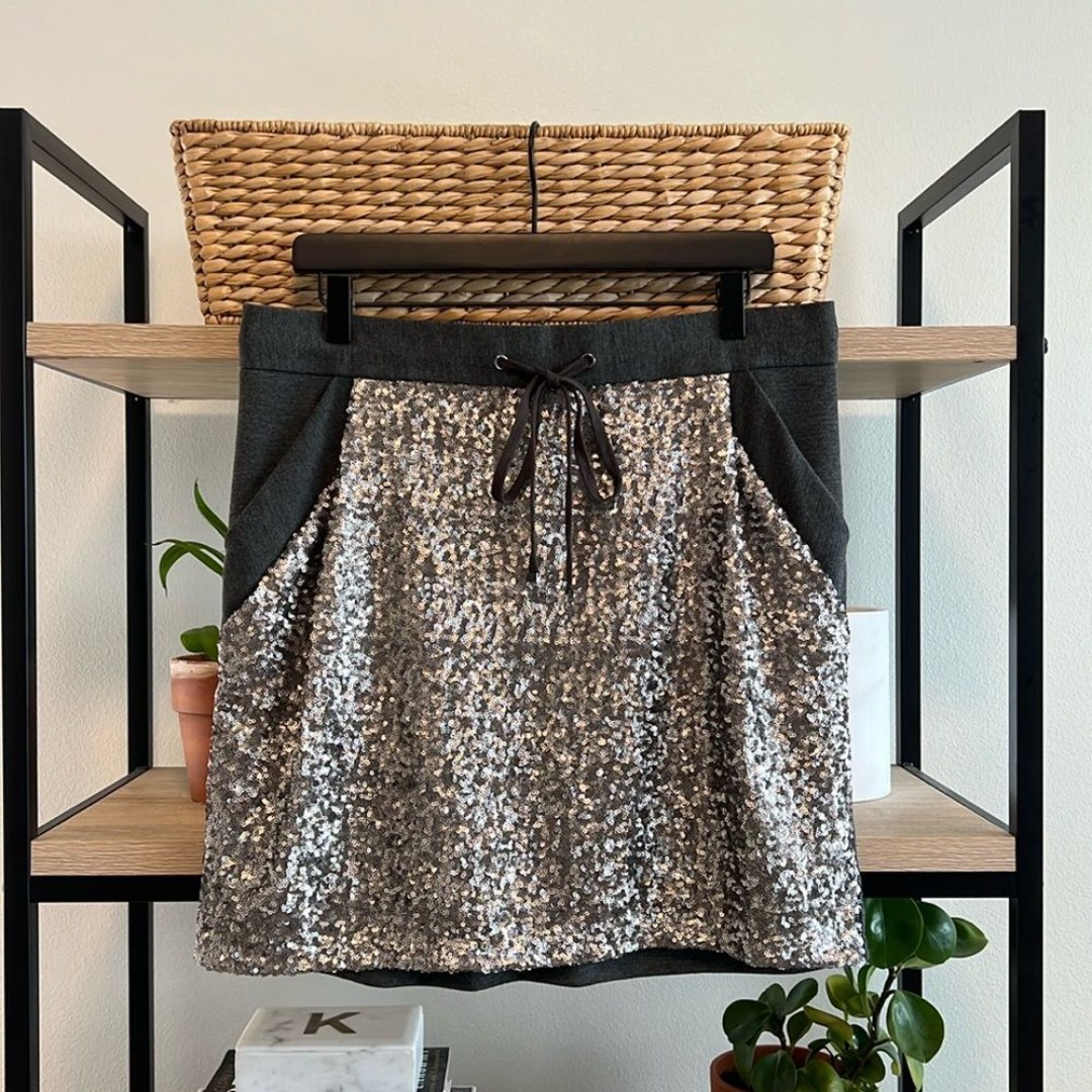 Ann Taylor Sequin Front Pull On Elastic Tie Waistband Knit Skirt w/Pockets, M