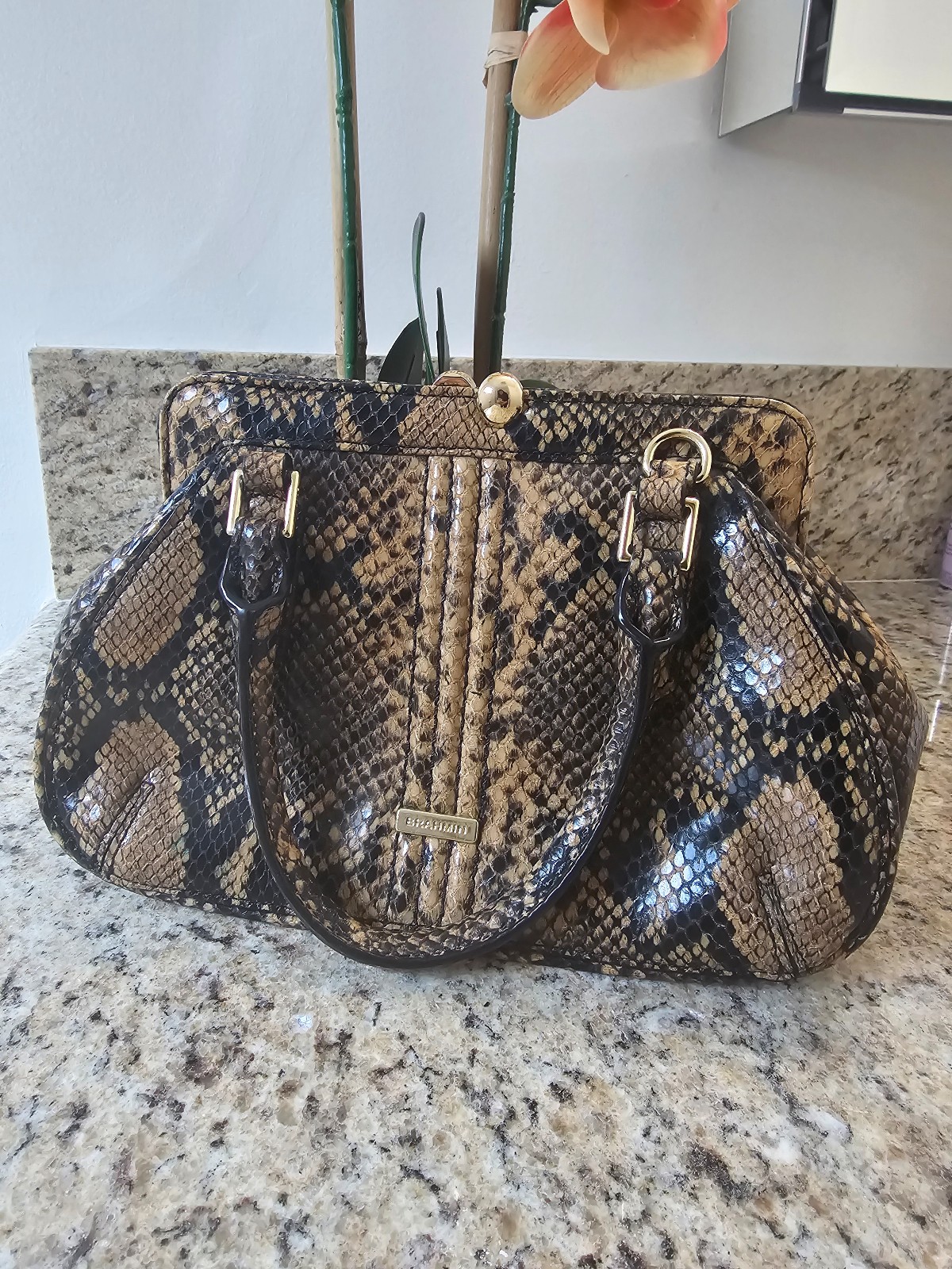 Brahmin Handbag Felix Mini Layla Satchel, Coffee Snake Textured Print 6x10x3.5