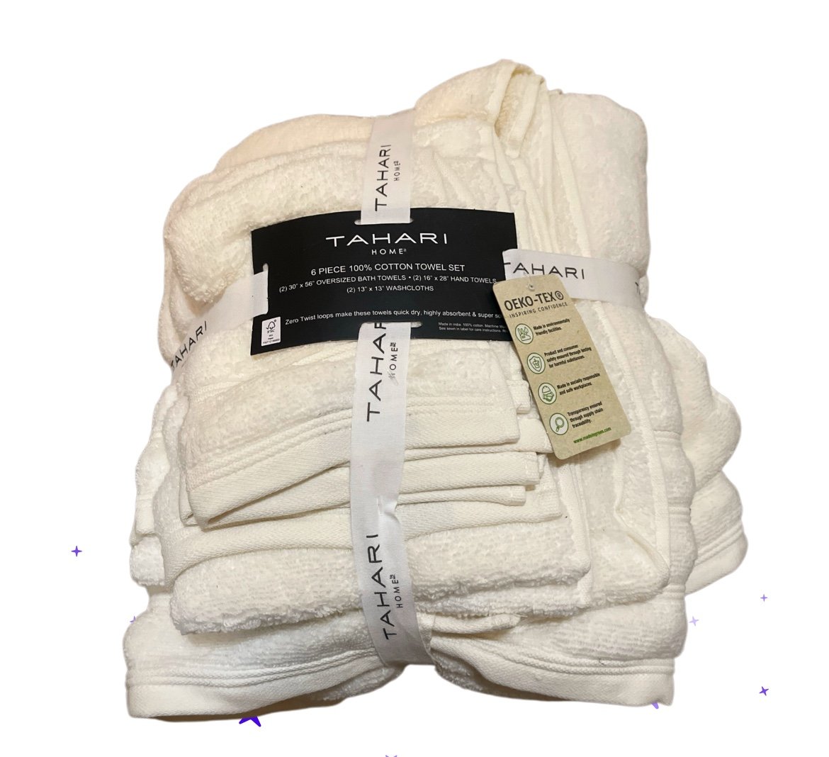 NEW TAHARI SET OF 6 PC PALE CREAM 100% COTTON,2 BATH,2 HAND,2 WASHCLOTHS TOWEL