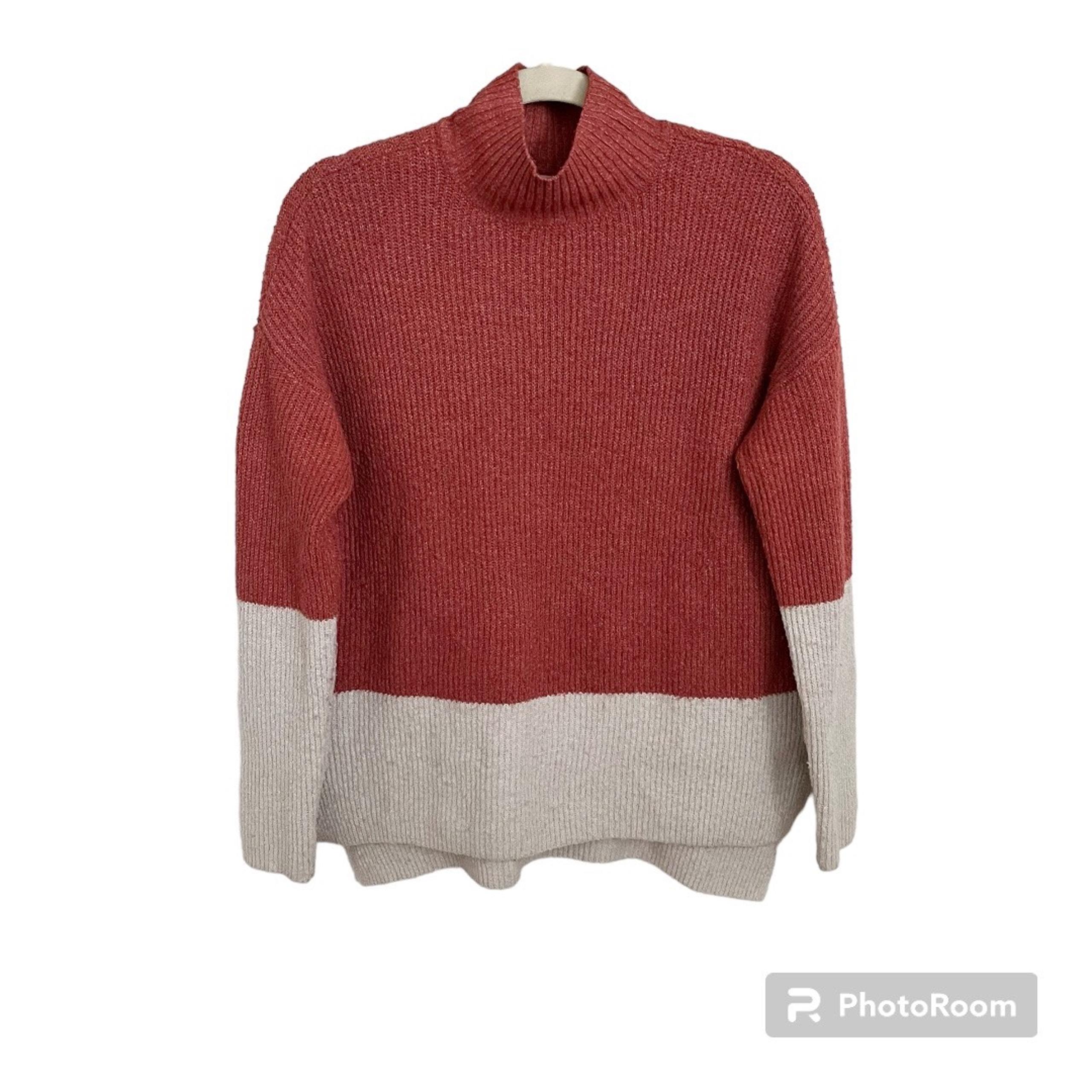 Olive & Oak Rust Orange and Tan Colorblock Mock Neck Sweater Size Medium