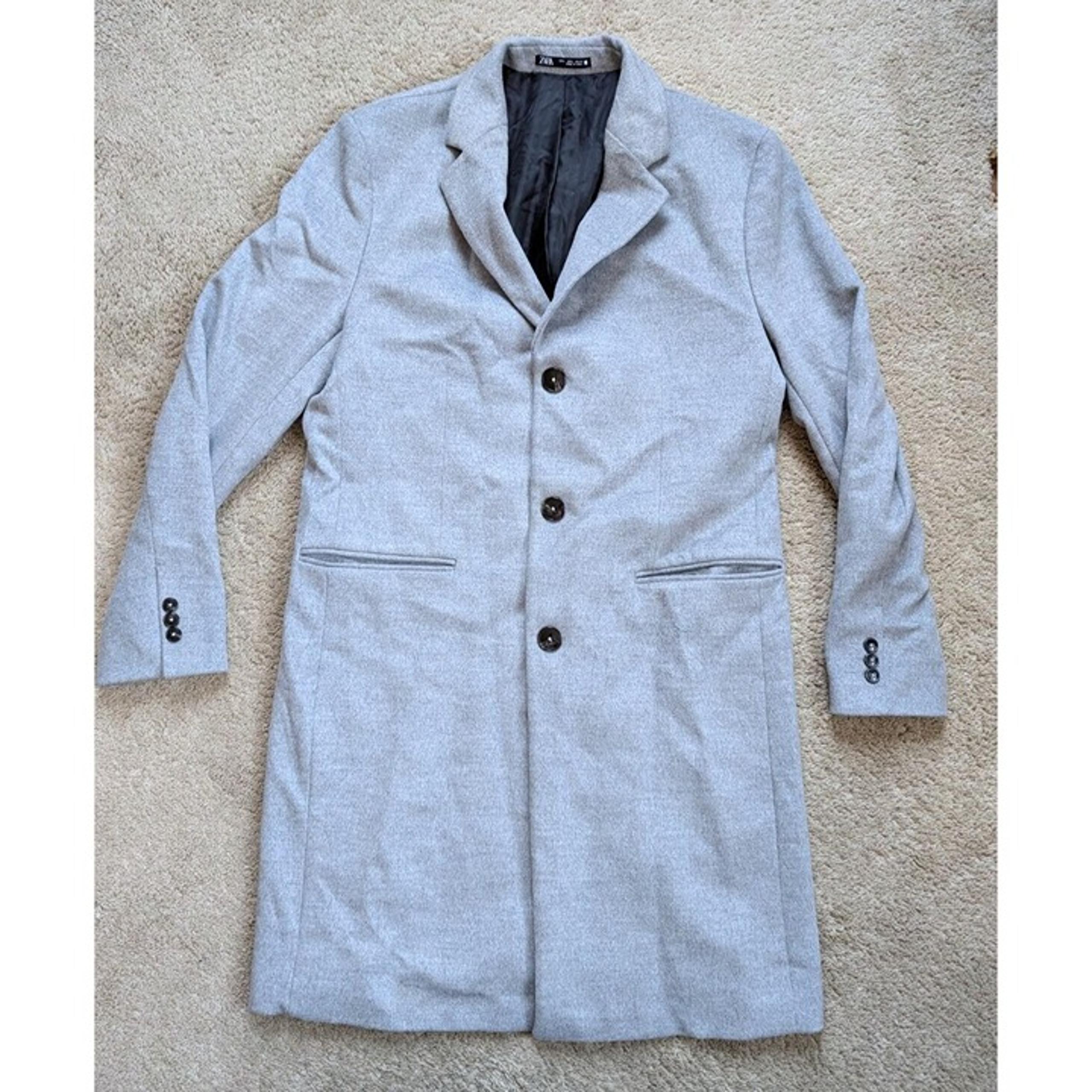 Zara Mens Large Trench Coat Buttoned Straight Fit Formal Classic Single Grey