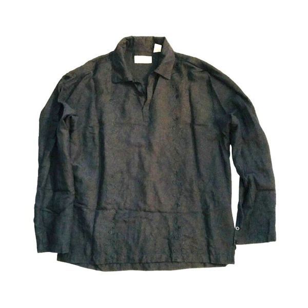 Vintage Cubavera Men`s Shirt Long Sleeve Emroidery Black Size L Linen Rayon