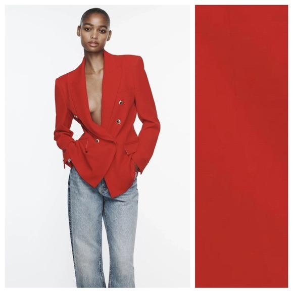 NWT. Zara Red Textured Tailored Double Breasted Blazer. Size XS.