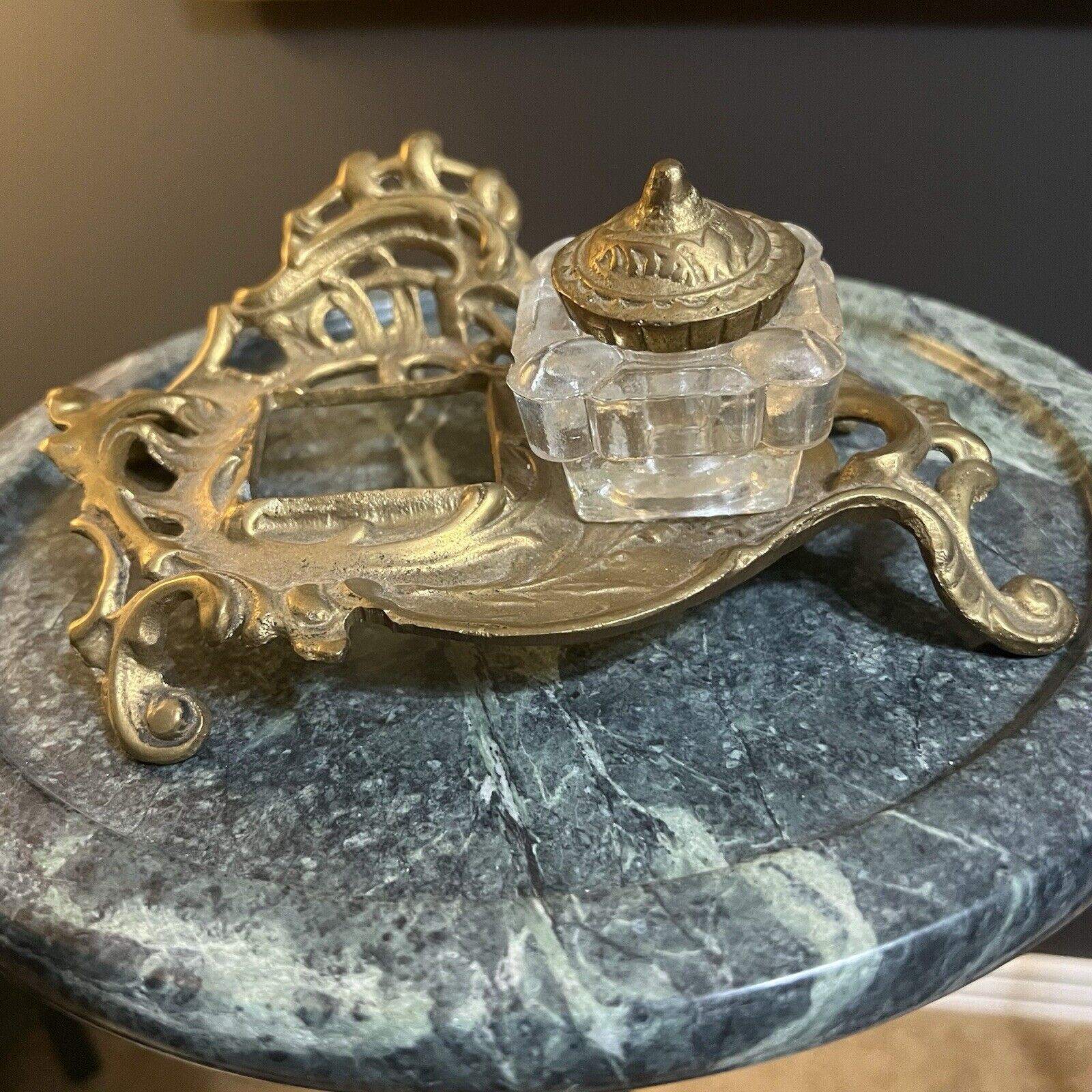 Vintage 1950’s Art Nouveau Solid Brass Inkwell With Original Glass And Brass L