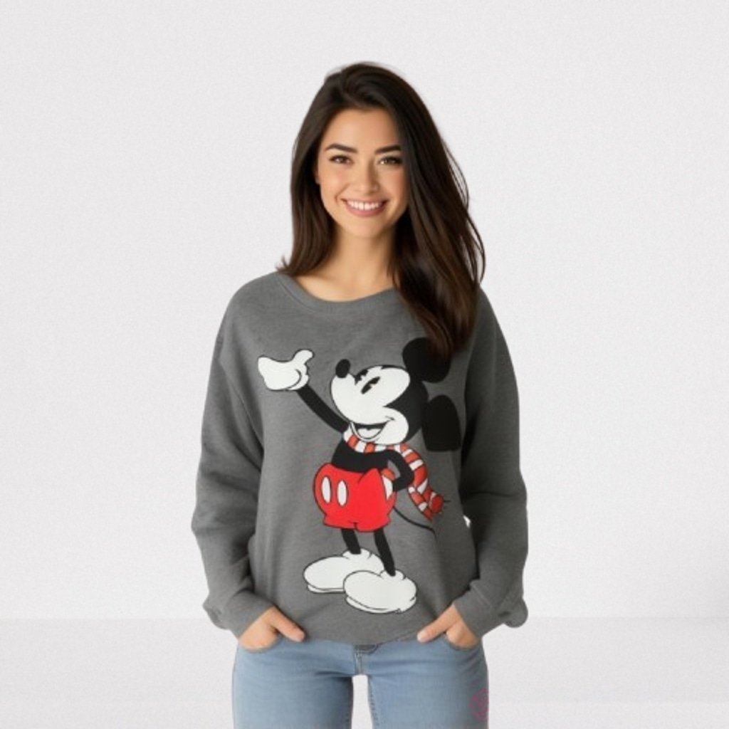 Disney Mickey Mouse Womens Large Gray Crew Neck Fleece Lined Pullover Sweatshirt