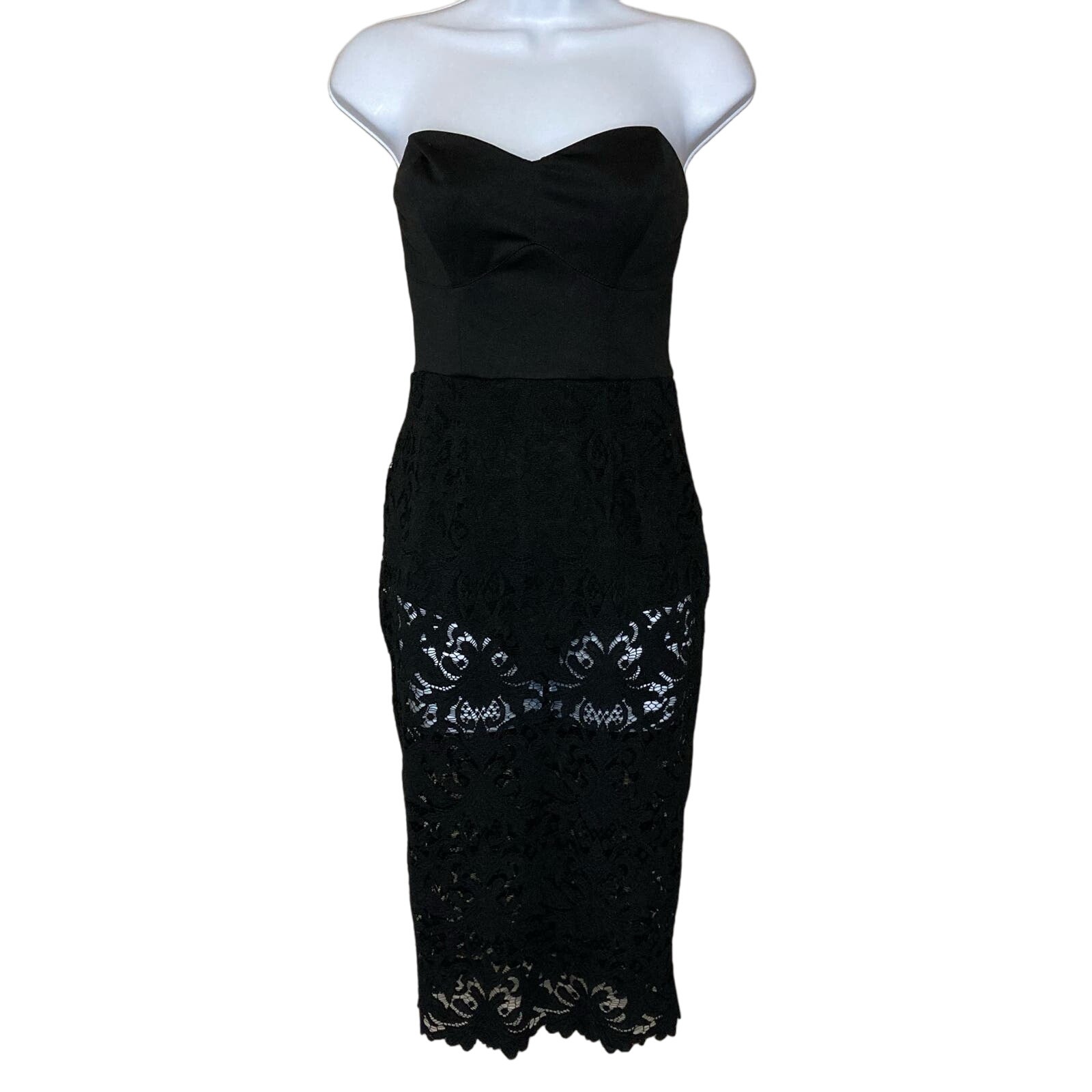 NWT ASOS Black Sheer Lace Bandeau Sheath Bodycon Dress Bodysuit Knee Length Sz 4