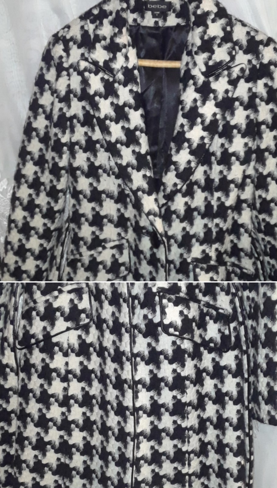 Women's black and white wool hounds tooth coat with leather accents