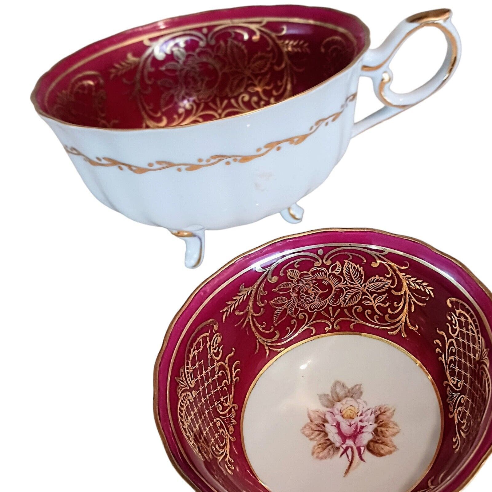 Antique Shafford Japan TEACUP w 3 feet Footed Red 24k Gold Gilding Hand Painted