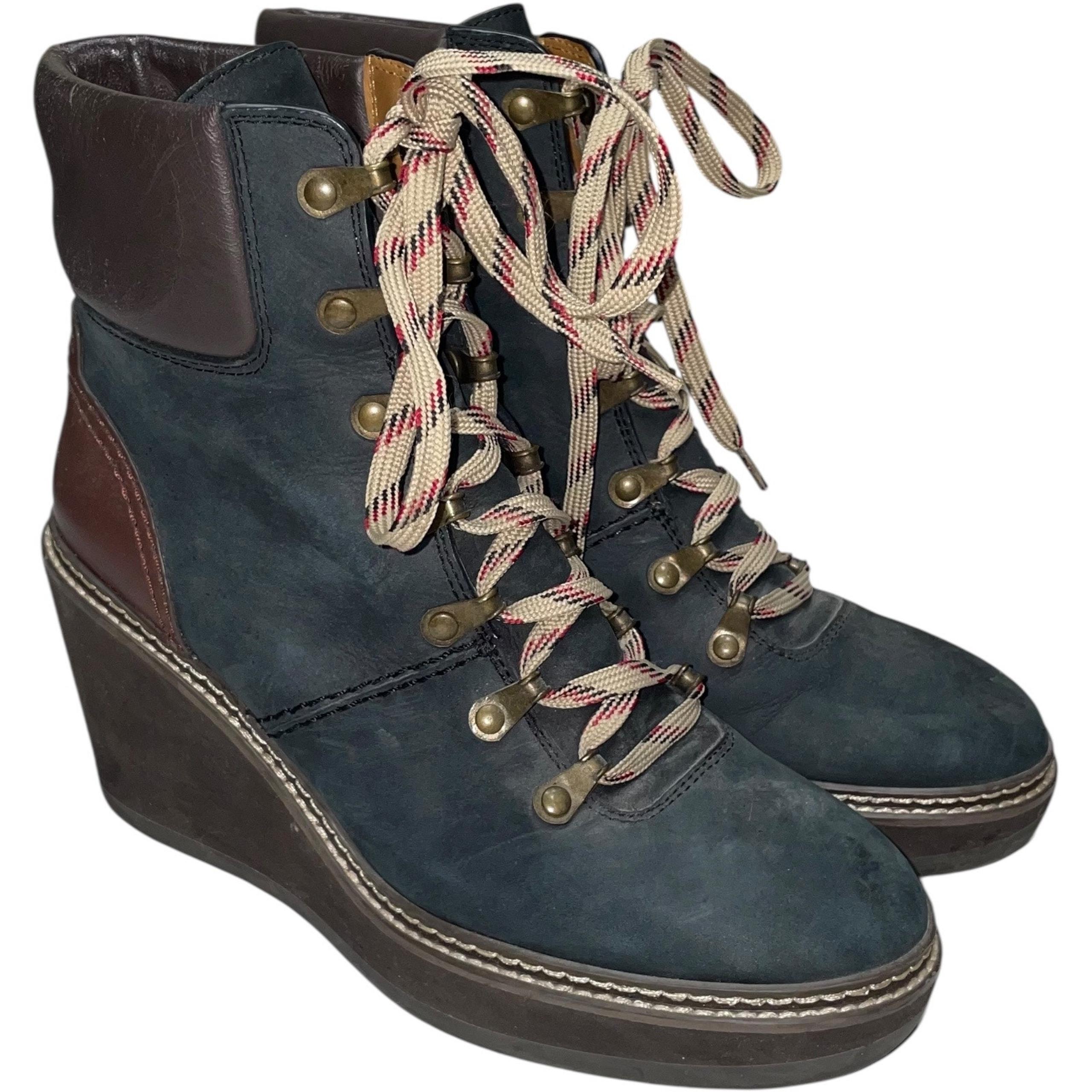 See By Chloe Martinica Blue Brown Leather Wedge Hiking Boots  Size: EU 38 US 7.5
