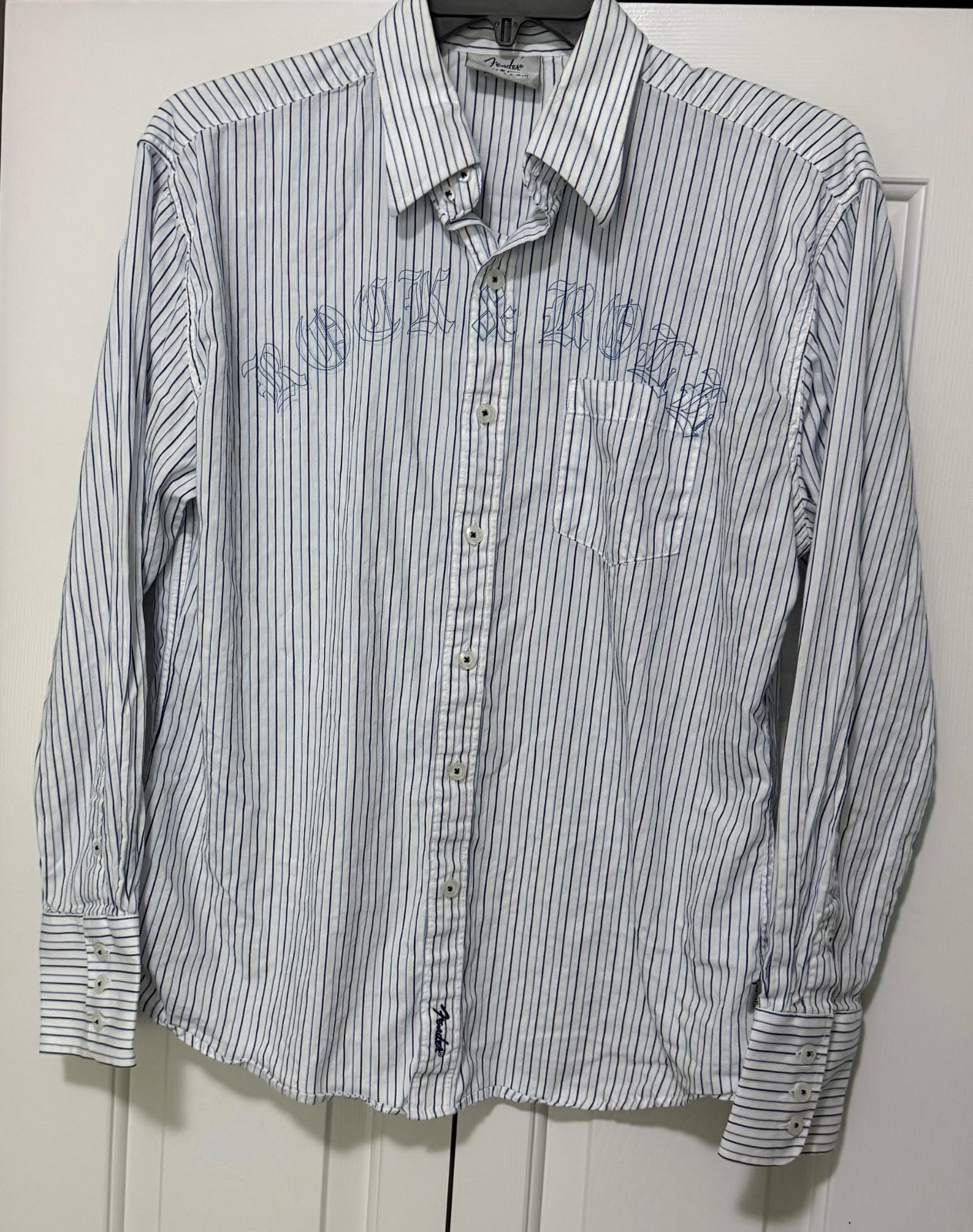Fender Rock & Roll White Blue Striped Cotton Men’s Large Button Up Shirt Guitar