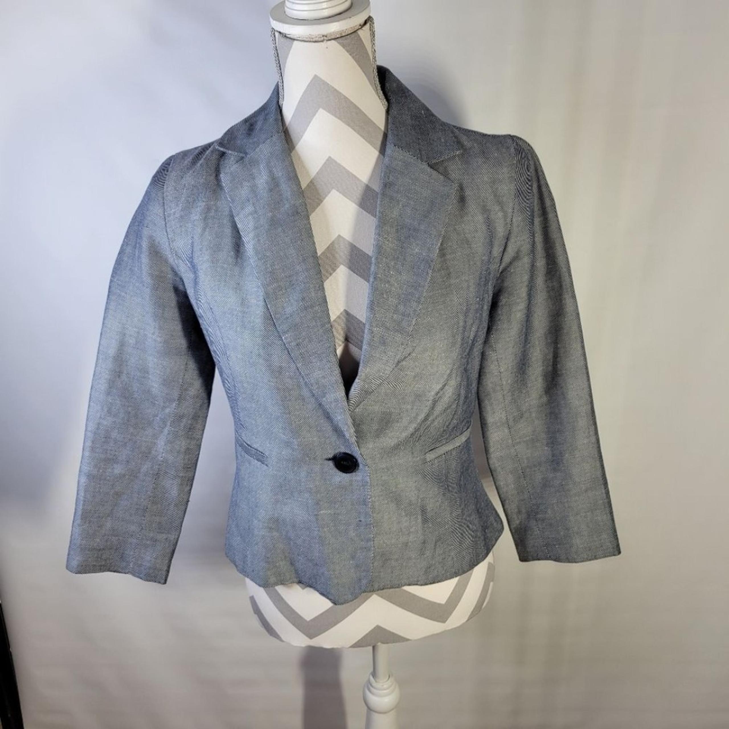 Cynthia Rowley Cropped One Button Blazer Linen/Cotton 3/4 Sleeve Size Small Navy