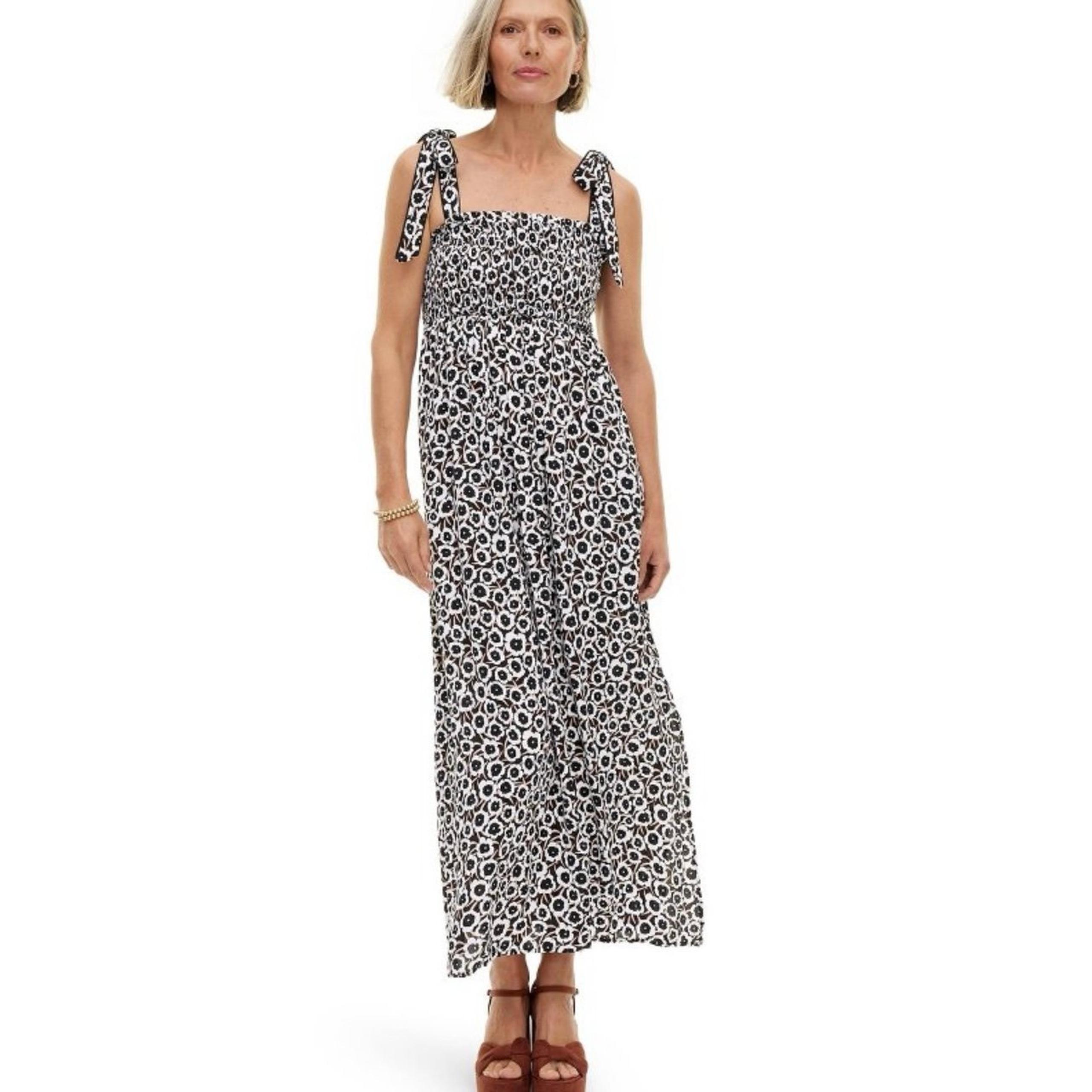 Diane von Furstenberg DVF Smocked Tie Strap Neutral Poppy Midi Dress Size SMALL