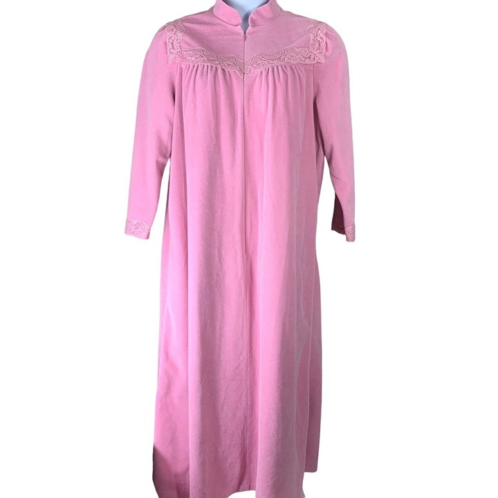 Vintage Vanity Fair Nightgown Sz Large Pink Fleece Long Sleeved Full Length Zip