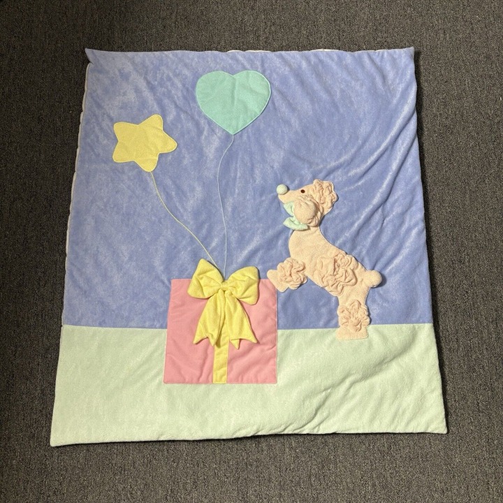 Vintage 90s Terry Cloth Baby Girl Crib Comforter Blanket Poodle Balloons Bow