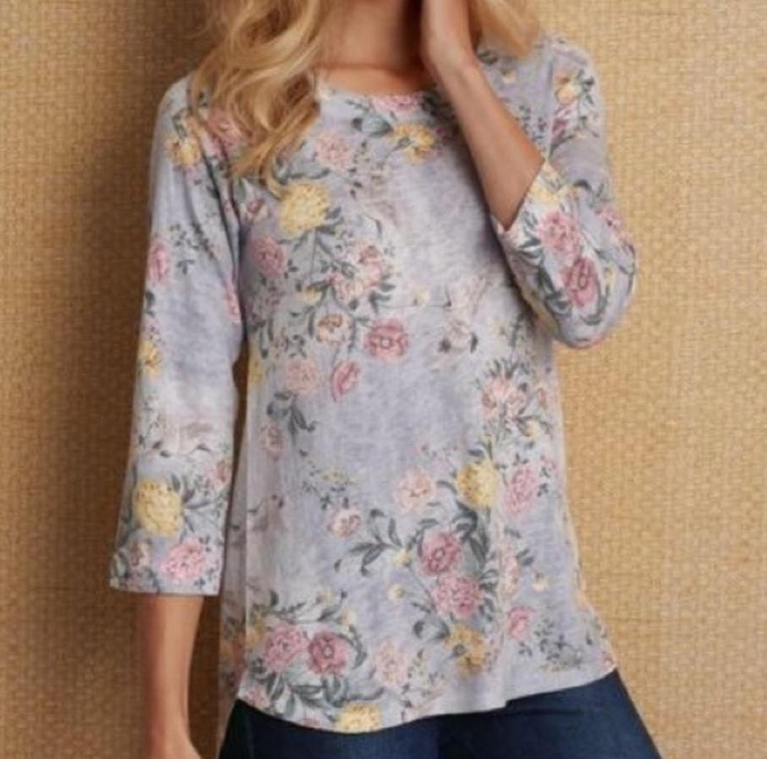 Soft Surroundings Blue Gray Bird Floral Light Knit Sweater Women's Size L