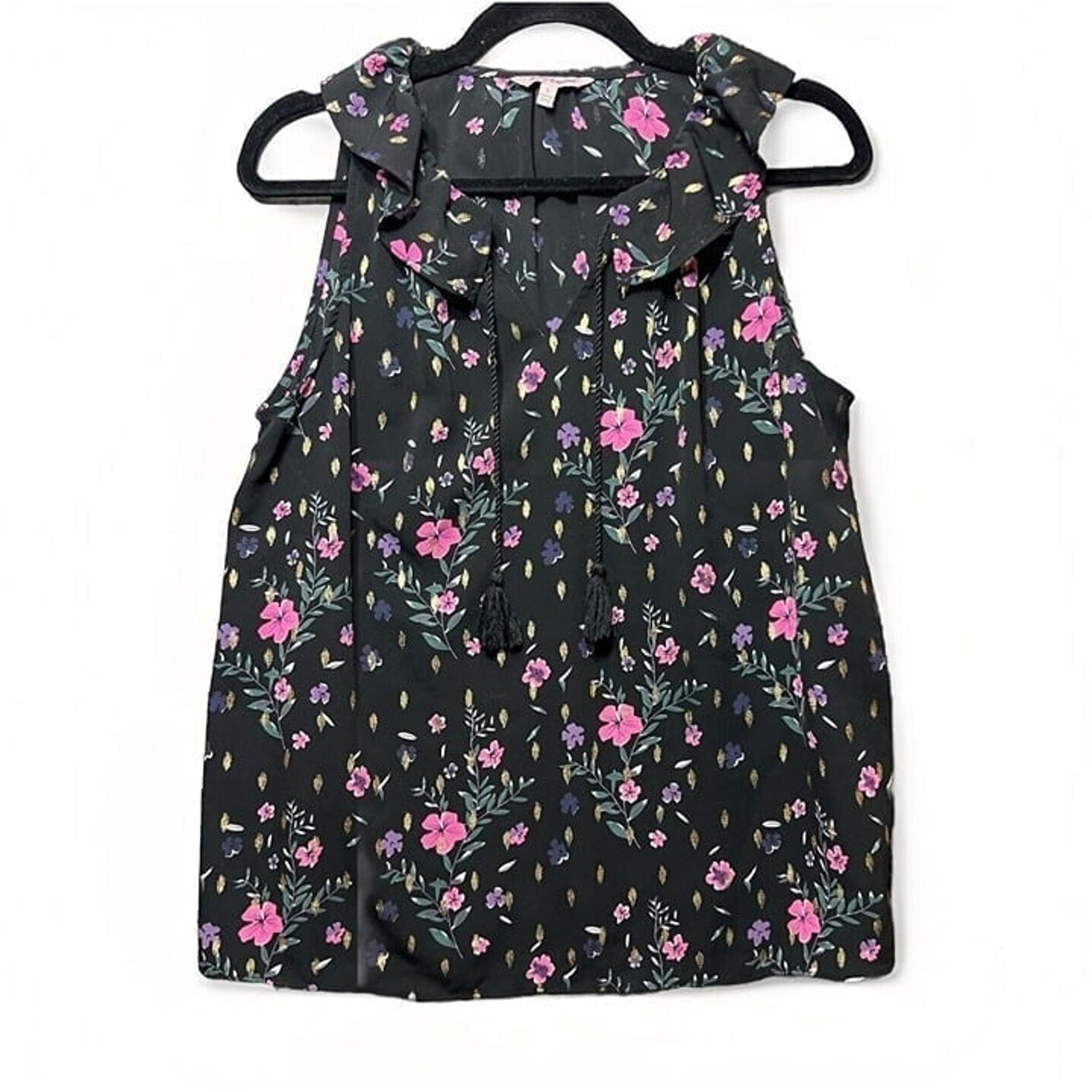 Juicy Couture Top Large Sleeveless Black Floral V Neck Ruffle Collar Lined