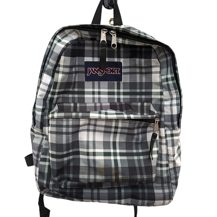 JanSport Black White Plaid Backpack Straight-Cut Padded Shoulder Strap