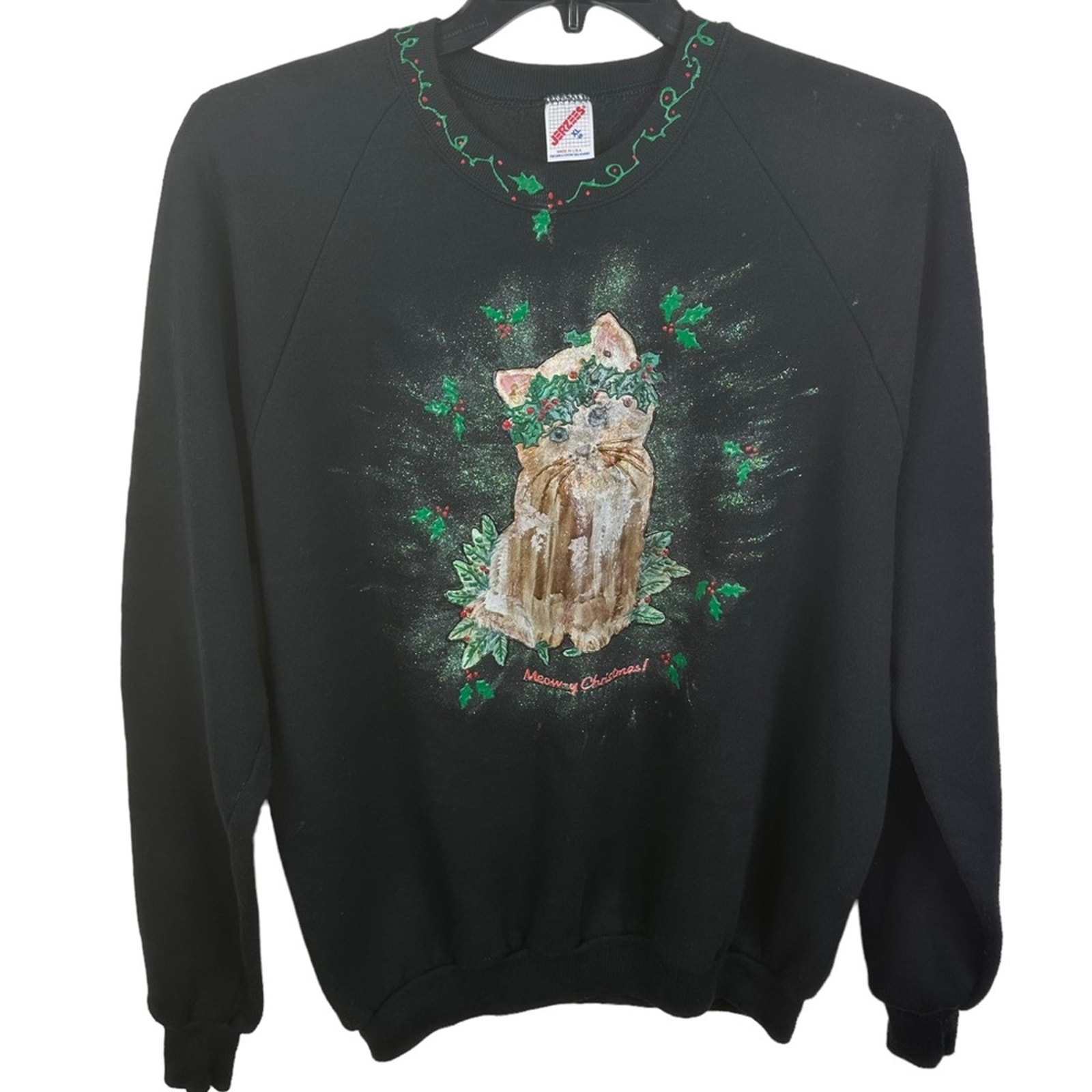 Vintage Jerzees 80's Hand Painted Meow-y Christmas Cat Graphic Sweatshirt XL