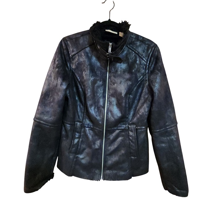 DKNY Faux Suede Fur Lined Black Moto Jacket Womens Size M