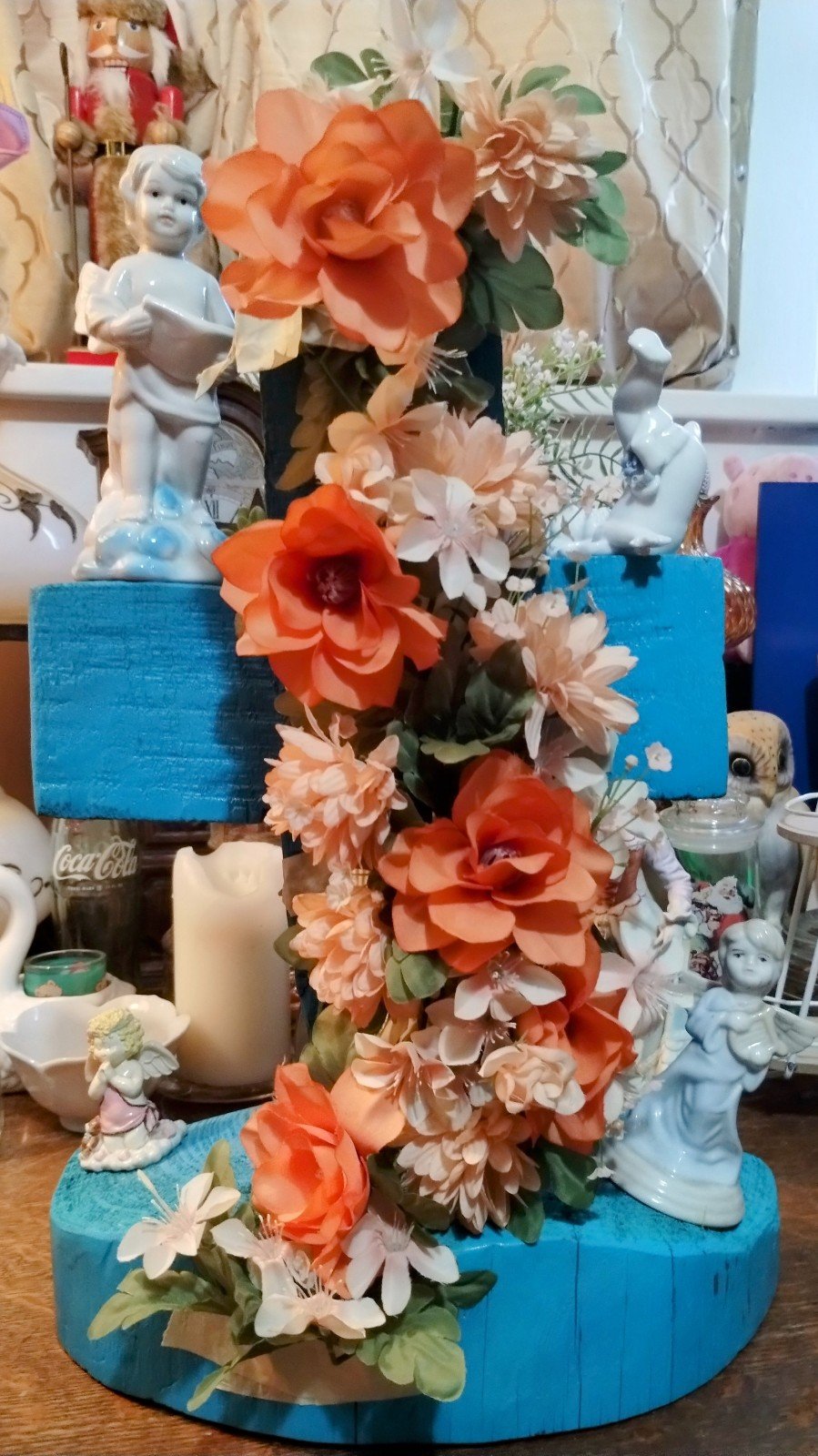 Custom Wooden Cross Painted w/ 4 Vintage Porcelain Figurines & Colorful Florals