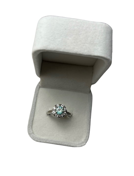 New GRA 1ct Blue-Green Moissanite Ring VVS1 14k White Gold Over Silver OP 850