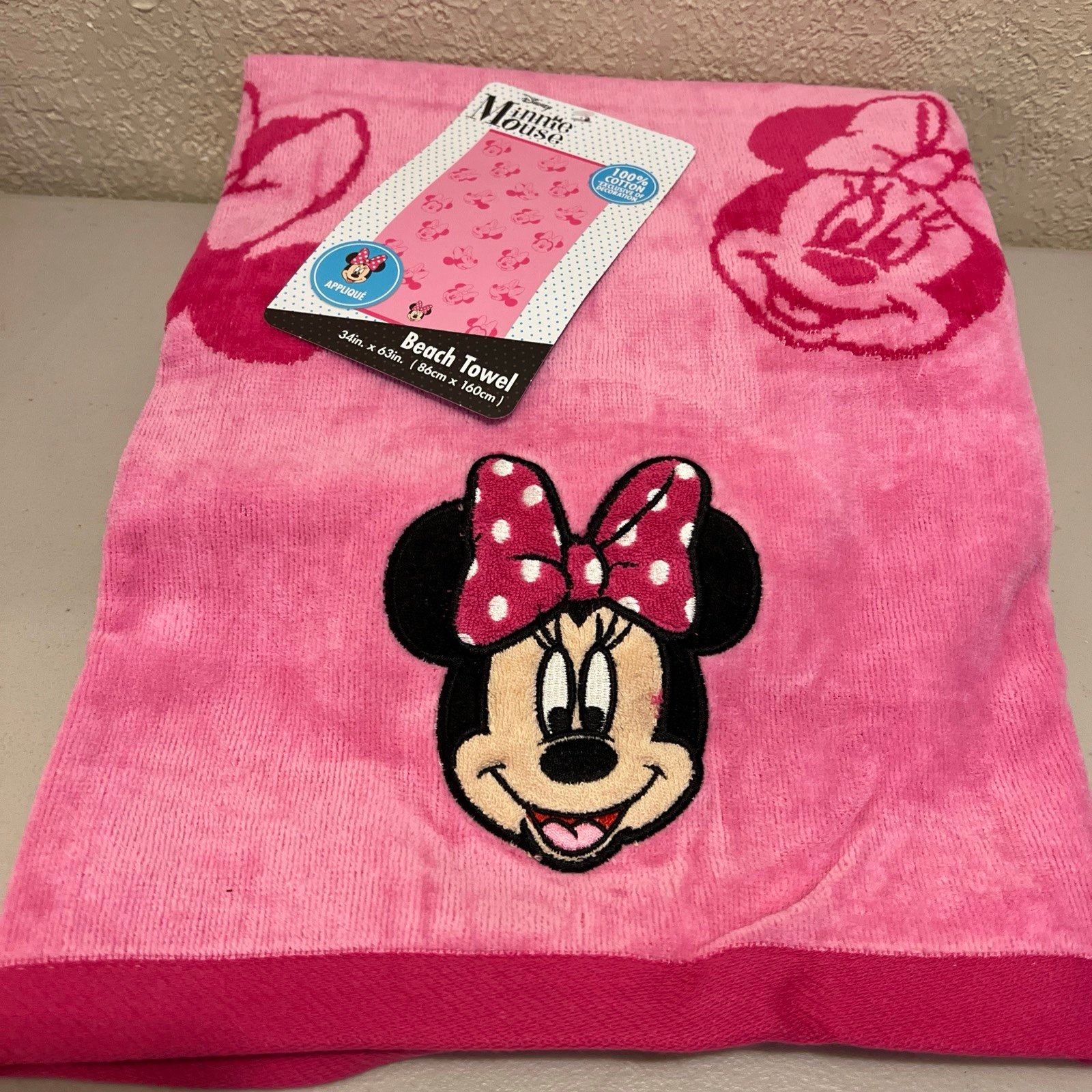 Disney Minnie Mouse Embroidered Beach Towel 36”X63” Pink 10% Cotton NEW
