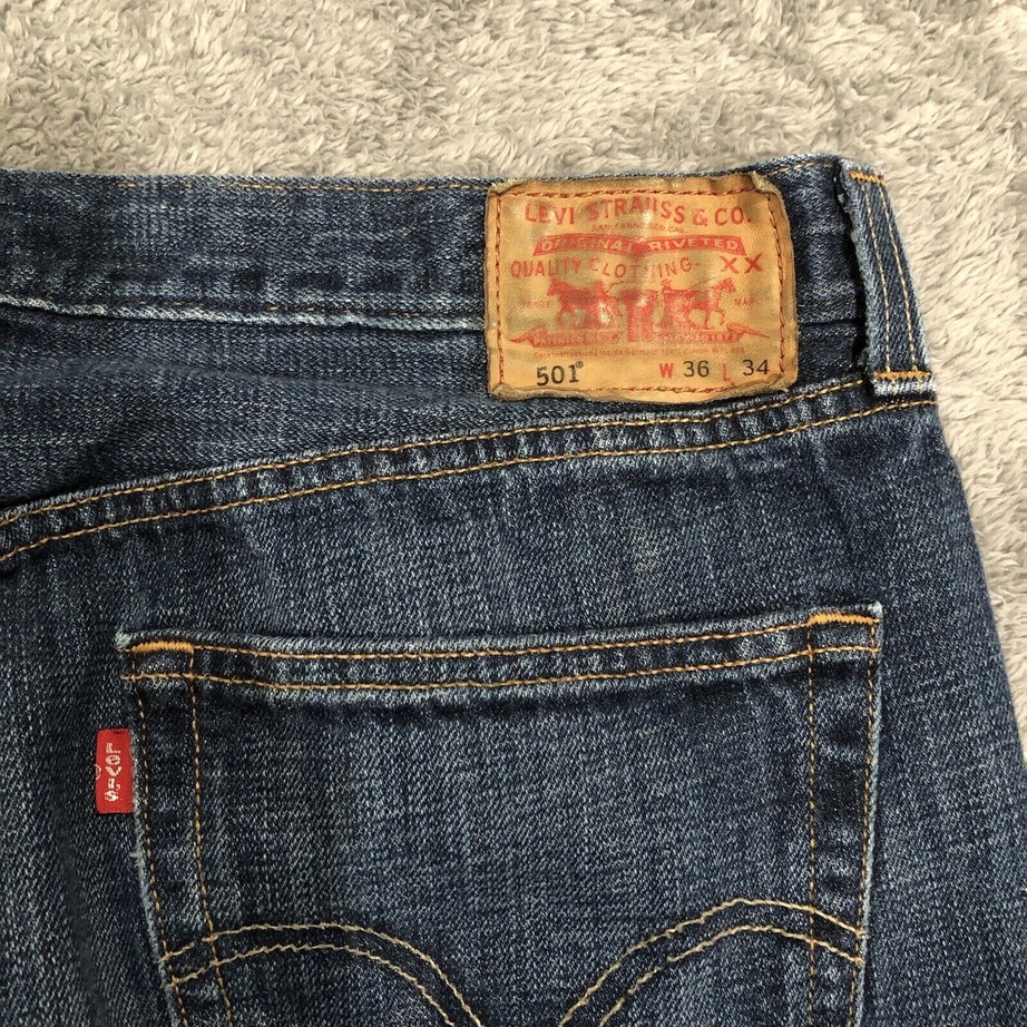 VTG Y2K Levis 501XX Jeans Men 35x34 LEATHER PATCH Button Fly Straight Stone Wash