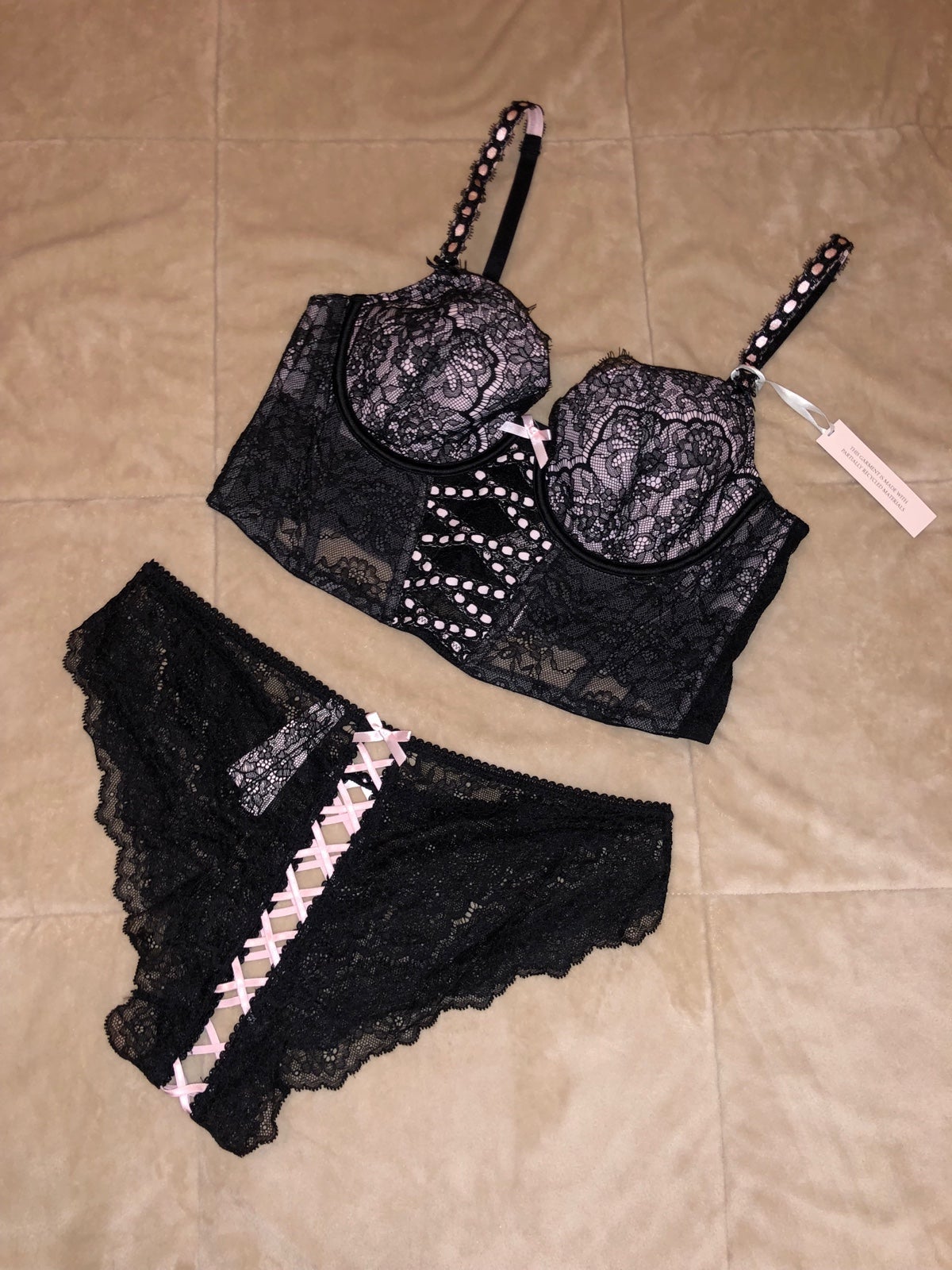 Victoria’s Secret Lined Demi Ribbon Slot Corset Bra & Lace Up Cheekini -M/L New