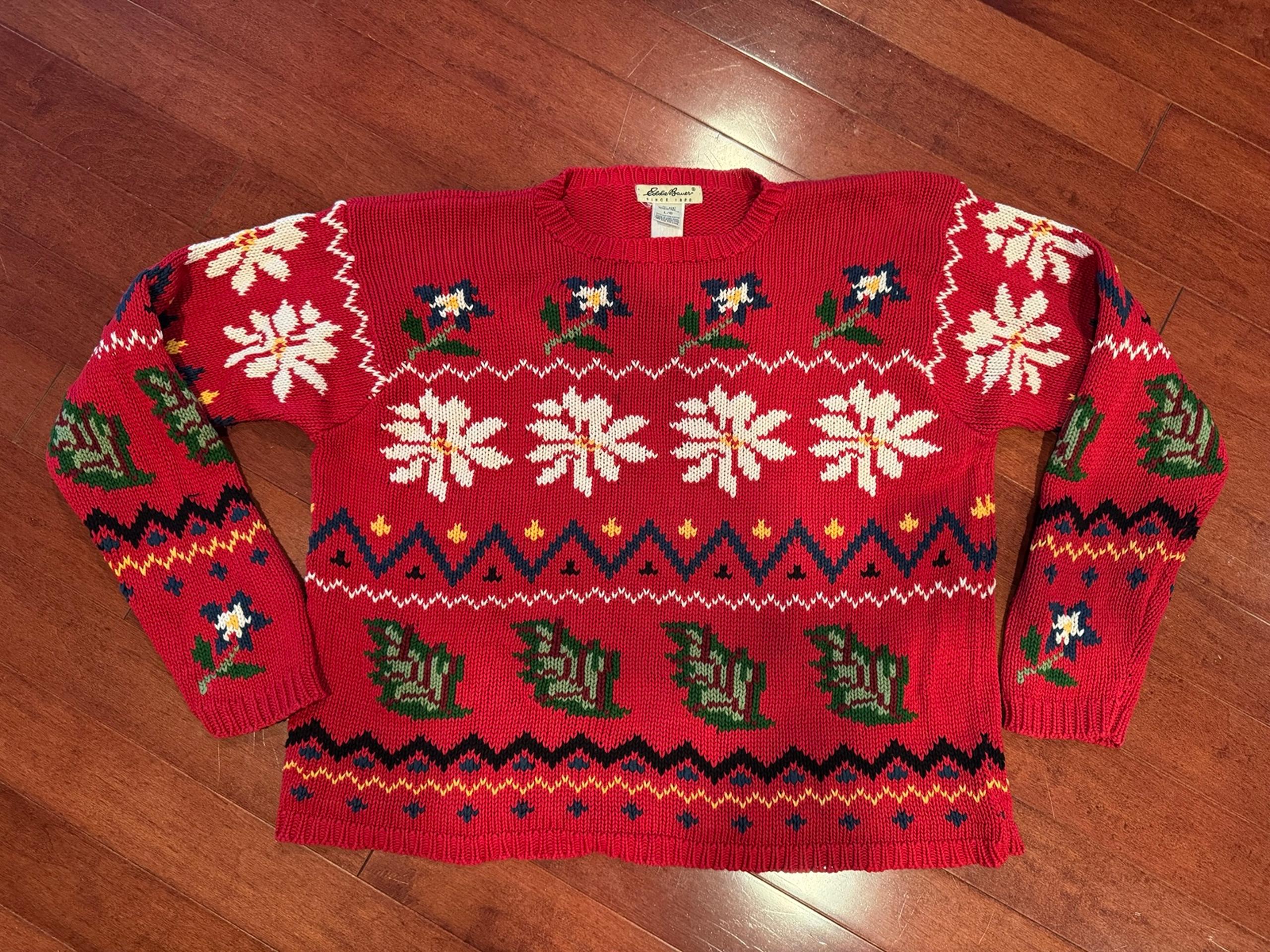 Vintage Sweater Womens Large Red Floral Knit Crew Neck Holiday - Eddie Bauer