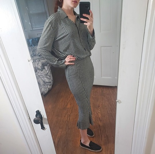 Norma Kamali Fishtail Houndstooth Black White Long Sleeve Dress