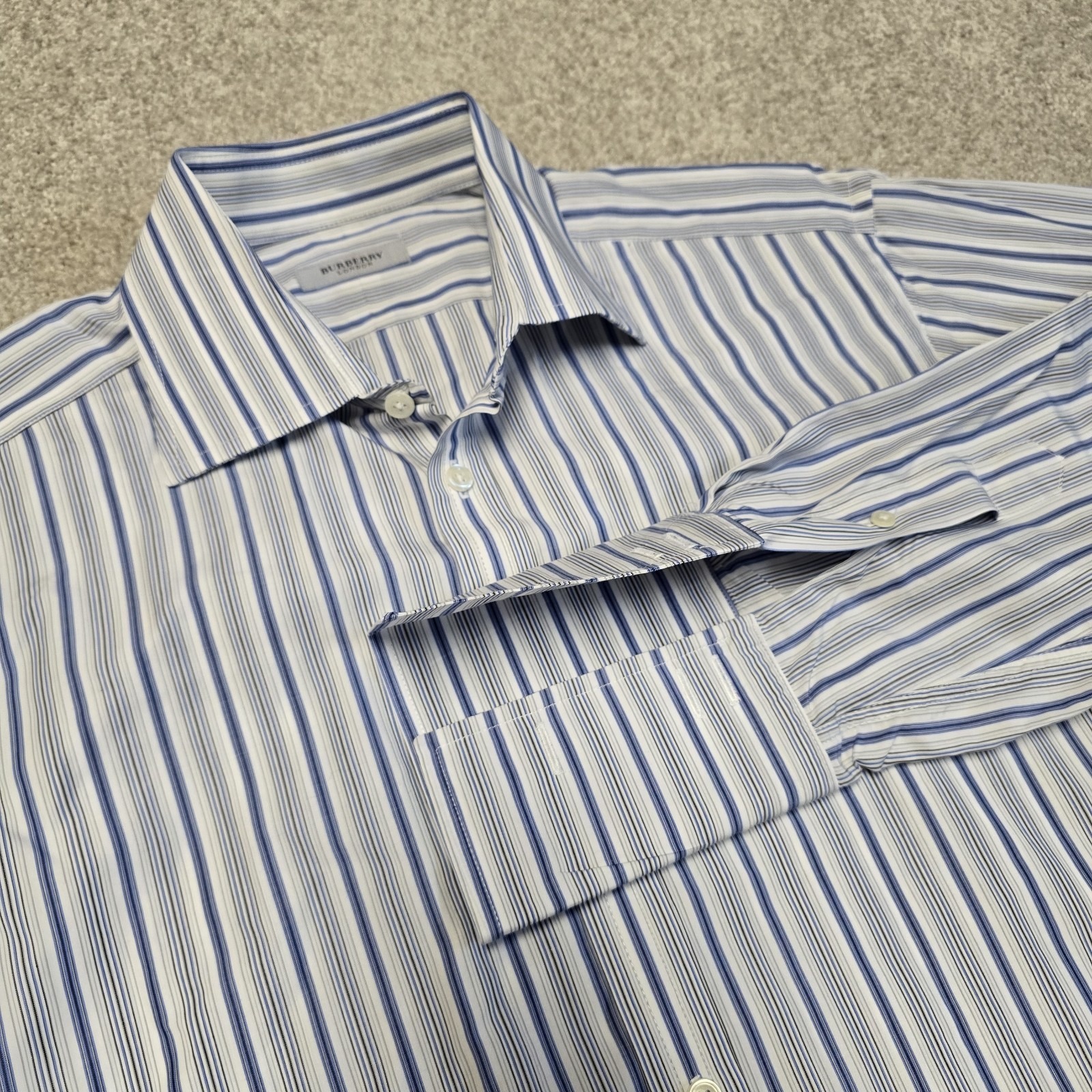 Burberry London Men's White Blue Stripe Cotton Dress Shirt Sz 15 1/2 French Cuff