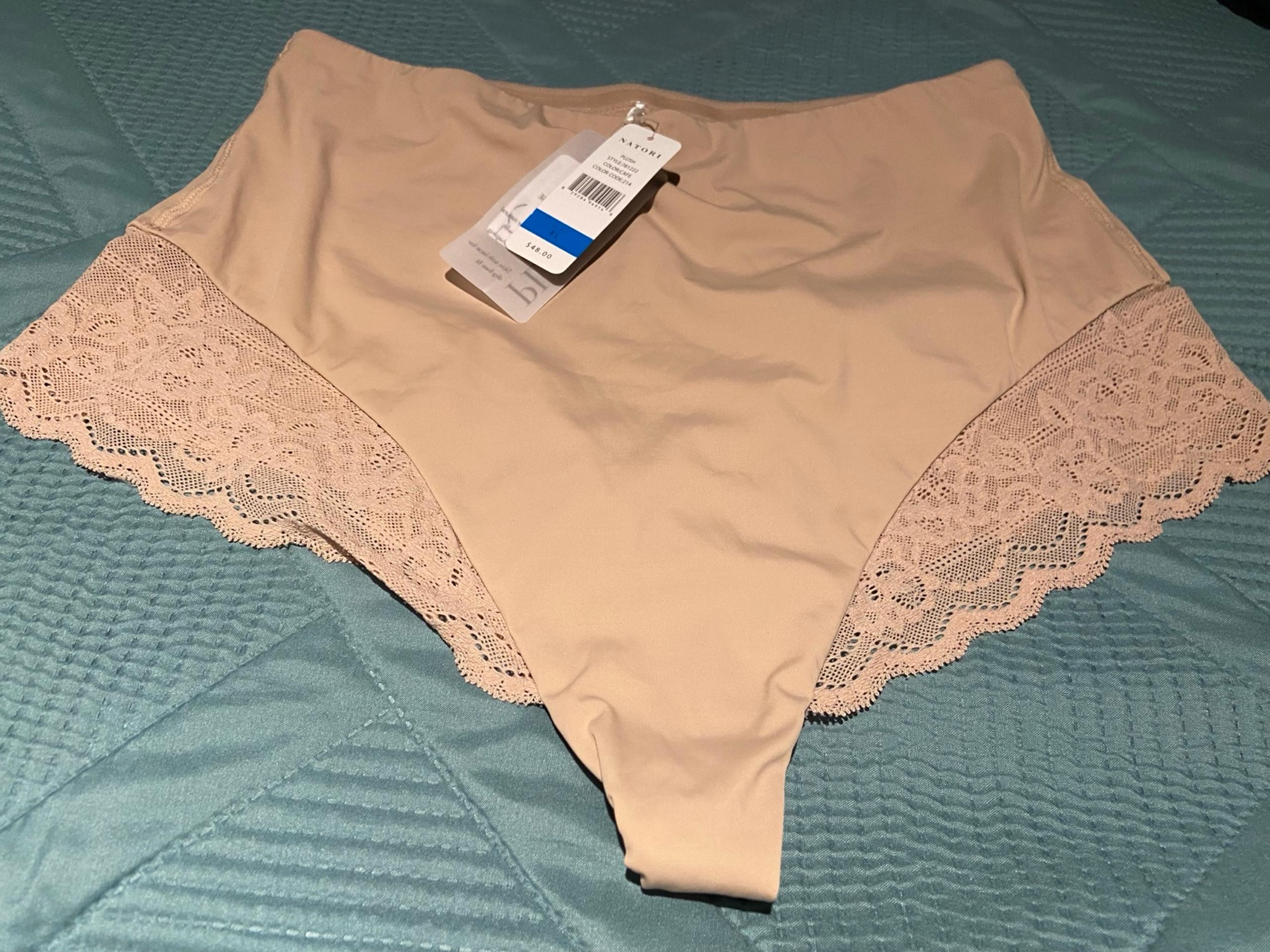 NWT “NATORI” PANTY SHAPER. BEIGE HIGH CUT LACE  TRIM THONG. SIZE XL