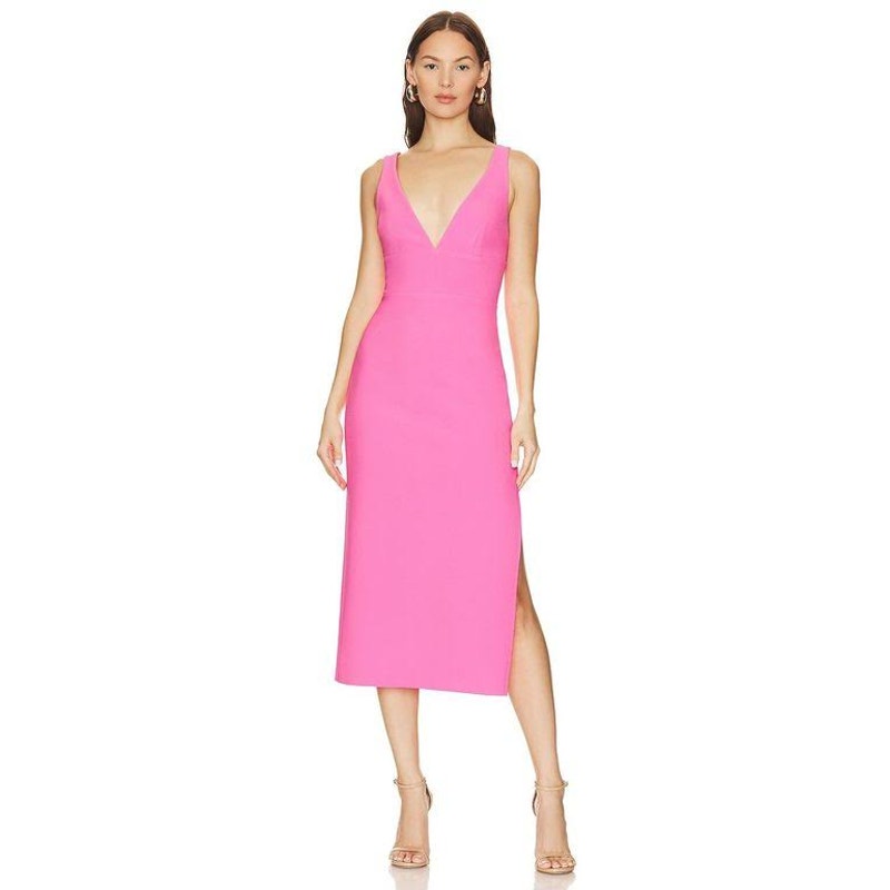 Amanda Uprichard Nelly Midi Dress Shocking Pink V Neck Side Slit Sleeveless XS