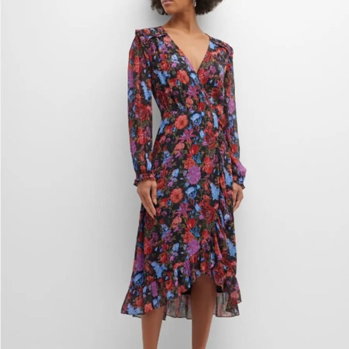 PAIGE Womens Paulette Dress XS NEW Floral Wrap Long Sleeve Silk Sheer Ruffle