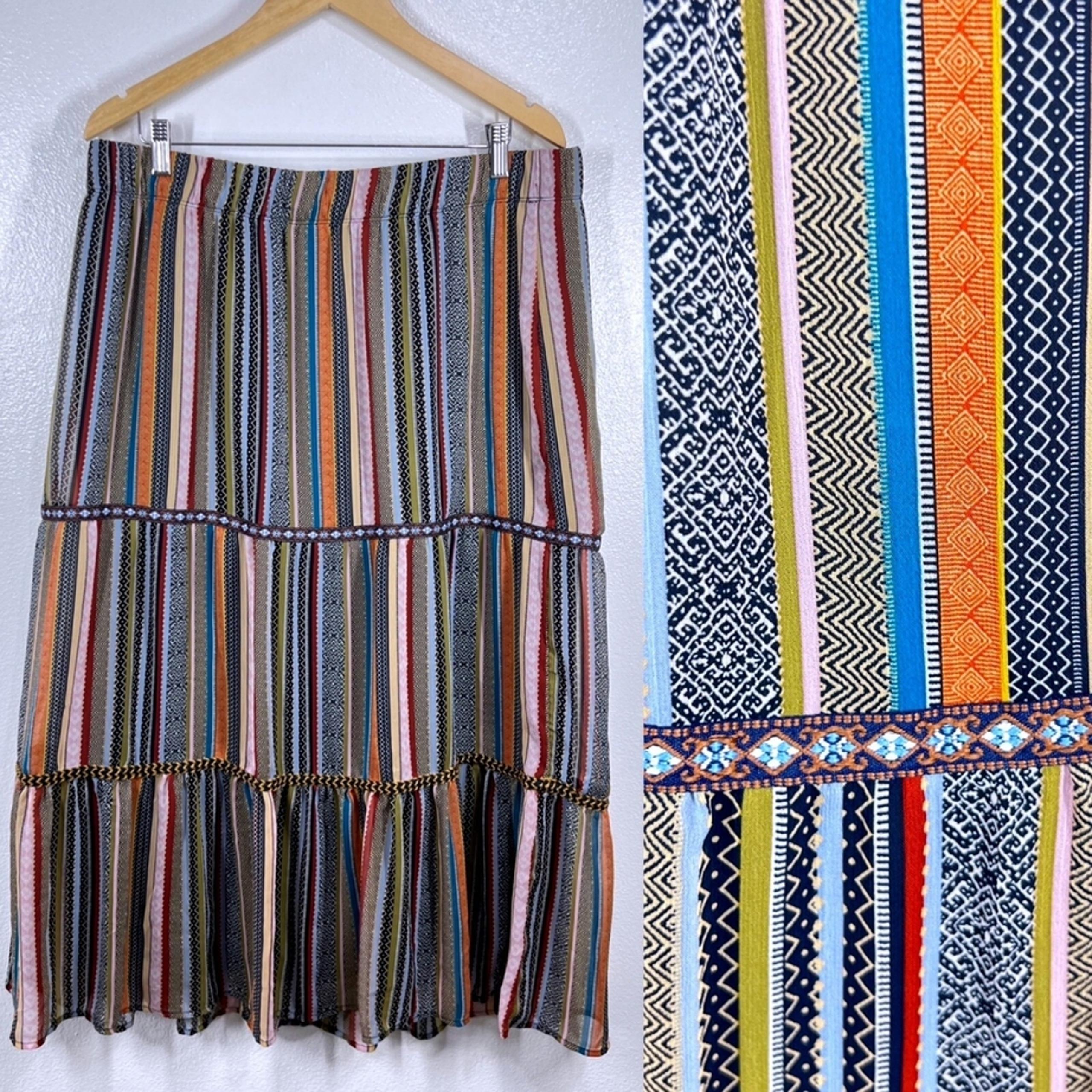 CJ Banks Maxi Skirt Striped Tiered Elastic Waist Bohemian Festival Casual 1X