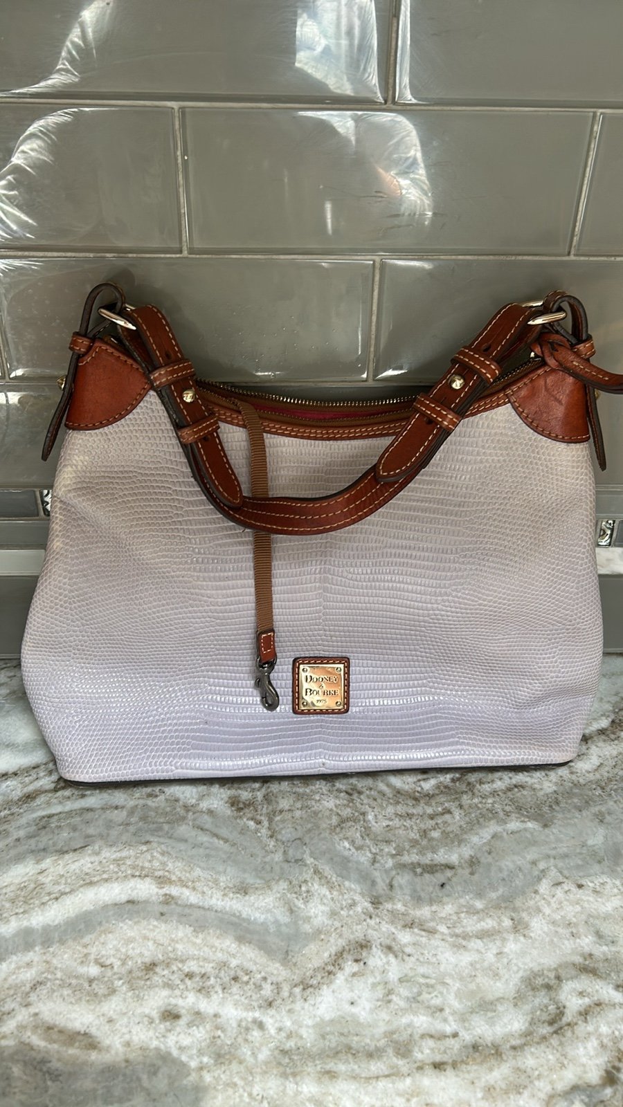 Dooney & Bourke gray pebble leather and Brown trim satchel bag. Smoke free home.