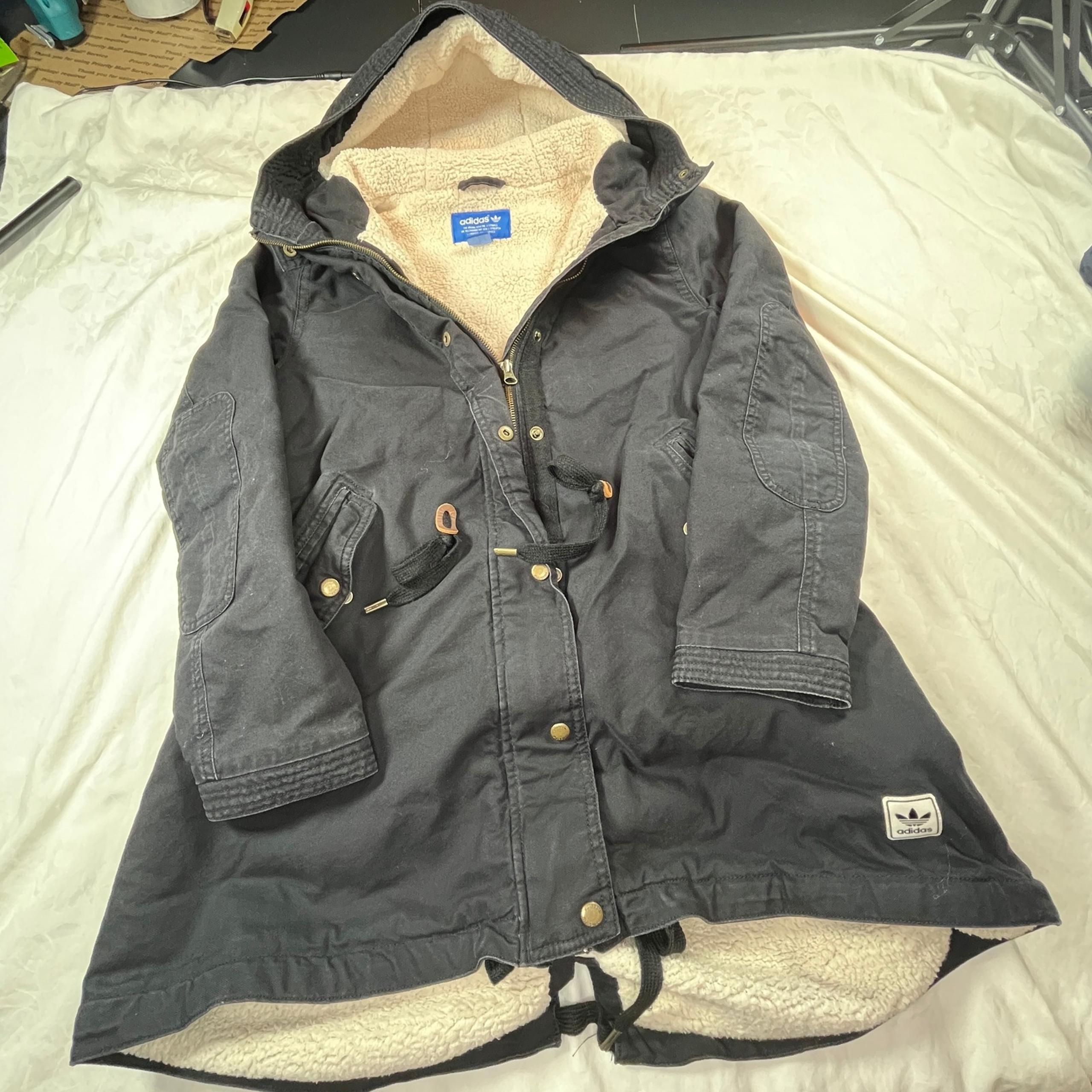 Adidas Womens Black Sherpa Lined Hooded Parka Coat Warm Winter Jacket Size Large