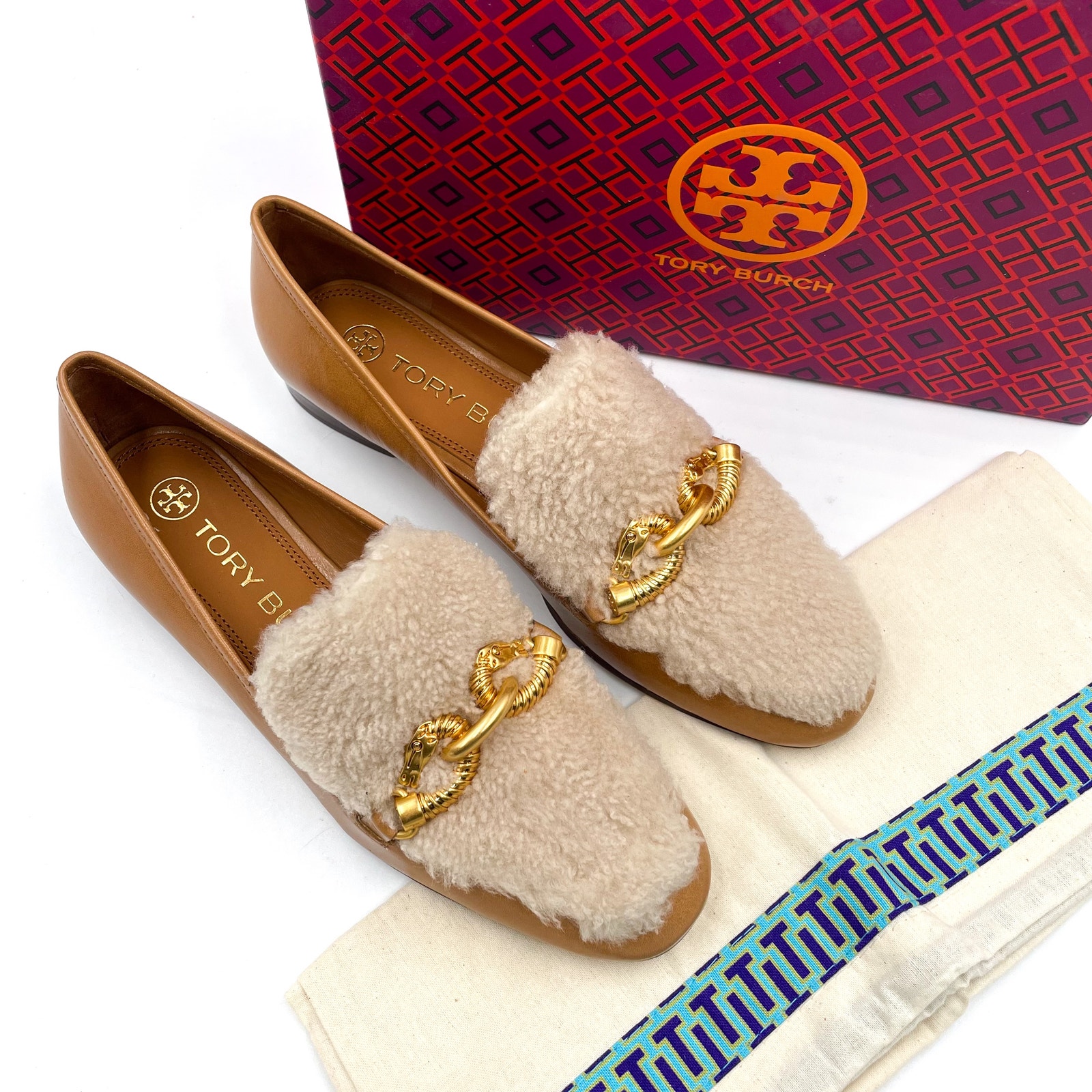 Tory Burch Jessa Shearling Loafers Caramel Tan Leather Horsebit Sz 5.5