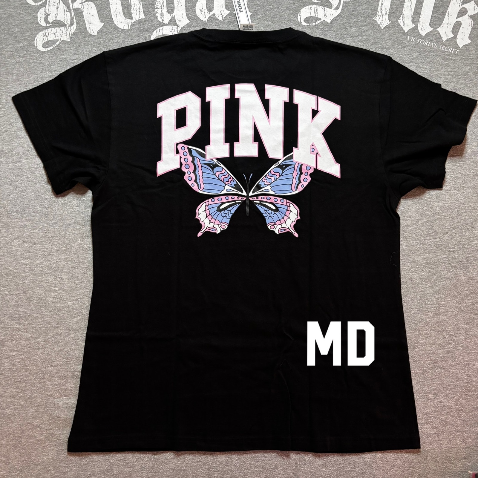 VS PINK Limited Edition Pure Black Butterfly Short Sleeve Cotton Tee Shirt - MD