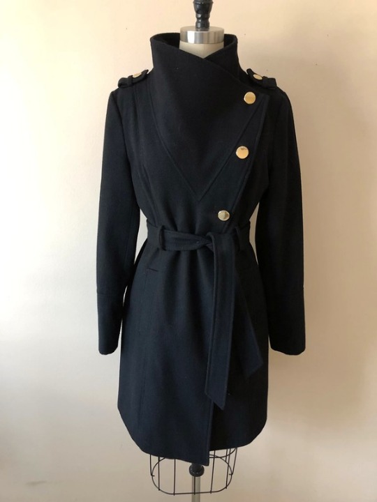 Black Guess Funnel Coat Elegant coat with feminine military detailing. Gently wo